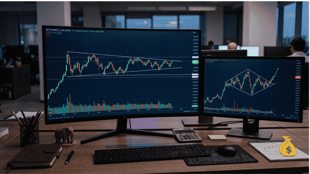 How to Refine Order Blocks for Safer Trade Entries(Complete Guide) Monitor displaying lateral and diamond accumulation structures before a breakout