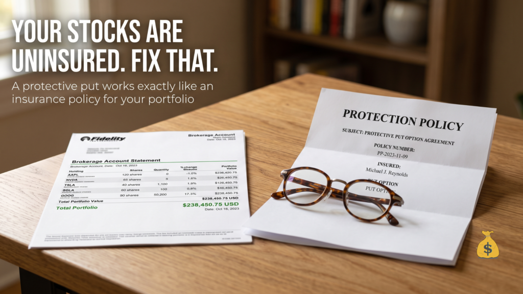 How to Trade Stocks and Options Without Losing Sleep: A Complete Strategy Guide Protective put option as stock portfolio insurance — brokerage statement beside a put option protection policy document