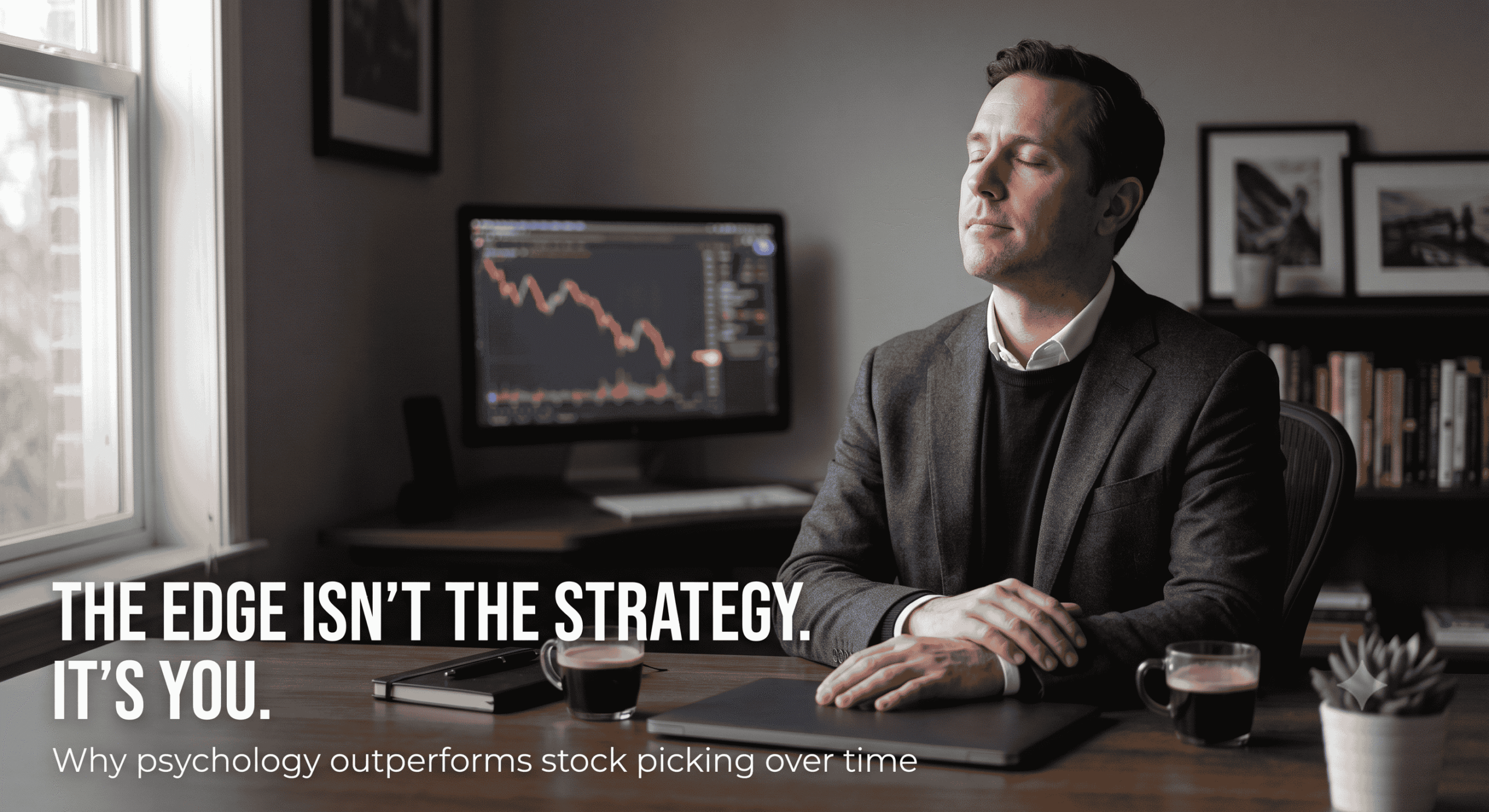 psychological edge in investing — calm investor at desk with declining stock chart blurred in background