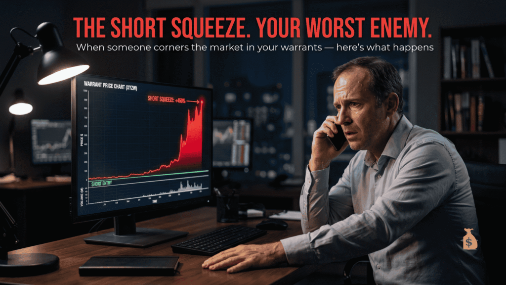 Warrant Hedging Strategy: How to Beat the Market With Low Risk Investor making urgent phone call while monitor shows sharp warrant price spike — short squeeze risk in warrant hedging strategy
