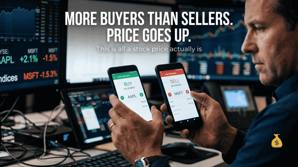 What Is the Stock Market and How Does It Work? A Beginner's Guide Trader holding two phones showing buy and sell orders how stock prices move based on supply and demand