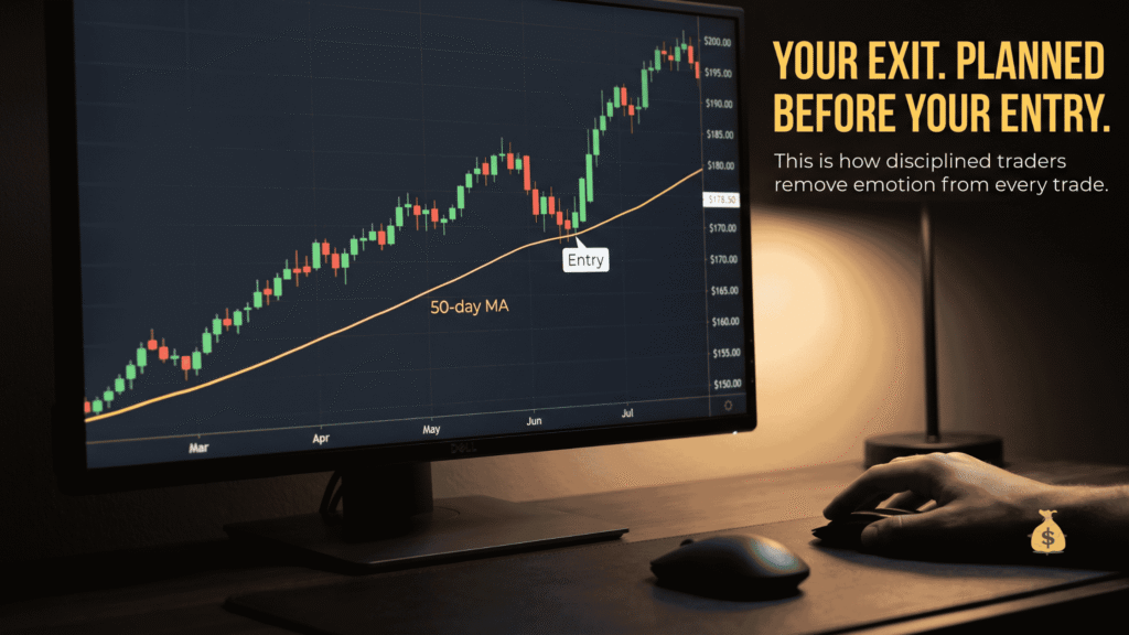How to Trade Stocks and Options Without Losing Sleep: A Complete Strategy Guide Stock chart on monitor showing 50-day moving average entry and exit signal for how to trade stocks and options with discipline
