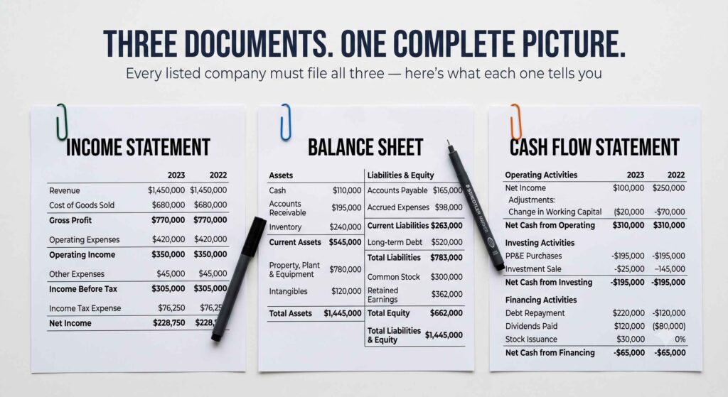 How to Read Financial Statements for Value Investing (Warren Buffett's Approach) Three financial statements flat lay income statement, balance sheet, and cash flow statement documents for value investing analysis