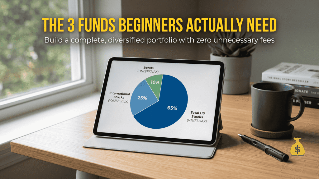 What Is an Index Fund for Beginners? (And Why It Beats Most Investors) A clean infographic-style layout showcasing a three-fund portfolio split into Total US Stock Market at 60 to 70 percent, Total International Stocks at 20 to 30 percent, and a US Bond Index at 10 percent on a modern desk setup.