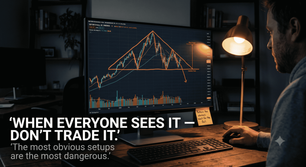 How to Trade Stocks Like a Professional: The Complete Edge-Finding Guide head-shoulders-pattern-failure.webpS&P 500 head and shoulders pattern on monitor with sticky note warning about obvious trade setups