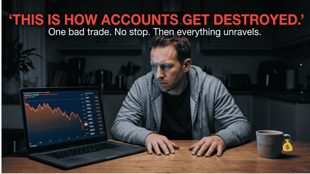 How to Trade Stocks Like a Professional: The Complete Edge-Finding Guide blowup-losing-portfolio-at-night.webpStressed trader at night watching portfolio decline — how trading accounts get destroyed without stop losses