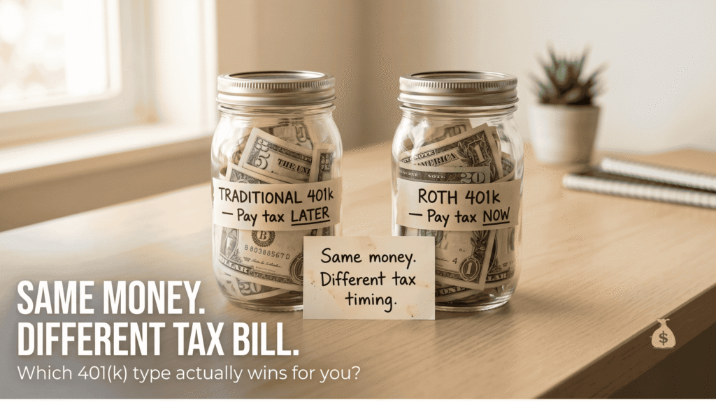 What Is a 401(k) and How Does It Work? Smart Guide for 2026 Traditional 401k vs Roth 401(k) two glass jars showing same contribution with different tax timing labels