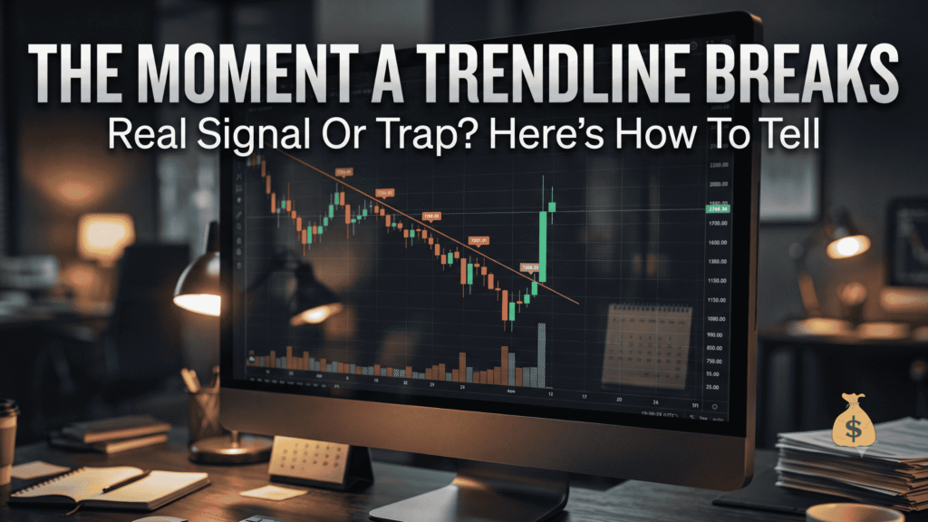 Stock chart showing a bullish candle breaking above a downward trendline