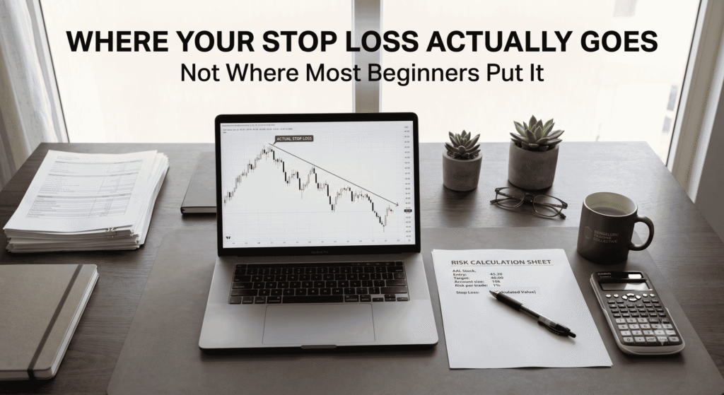 Trader's desk with risk calculation sheet next to a laptop showing a downtrend line