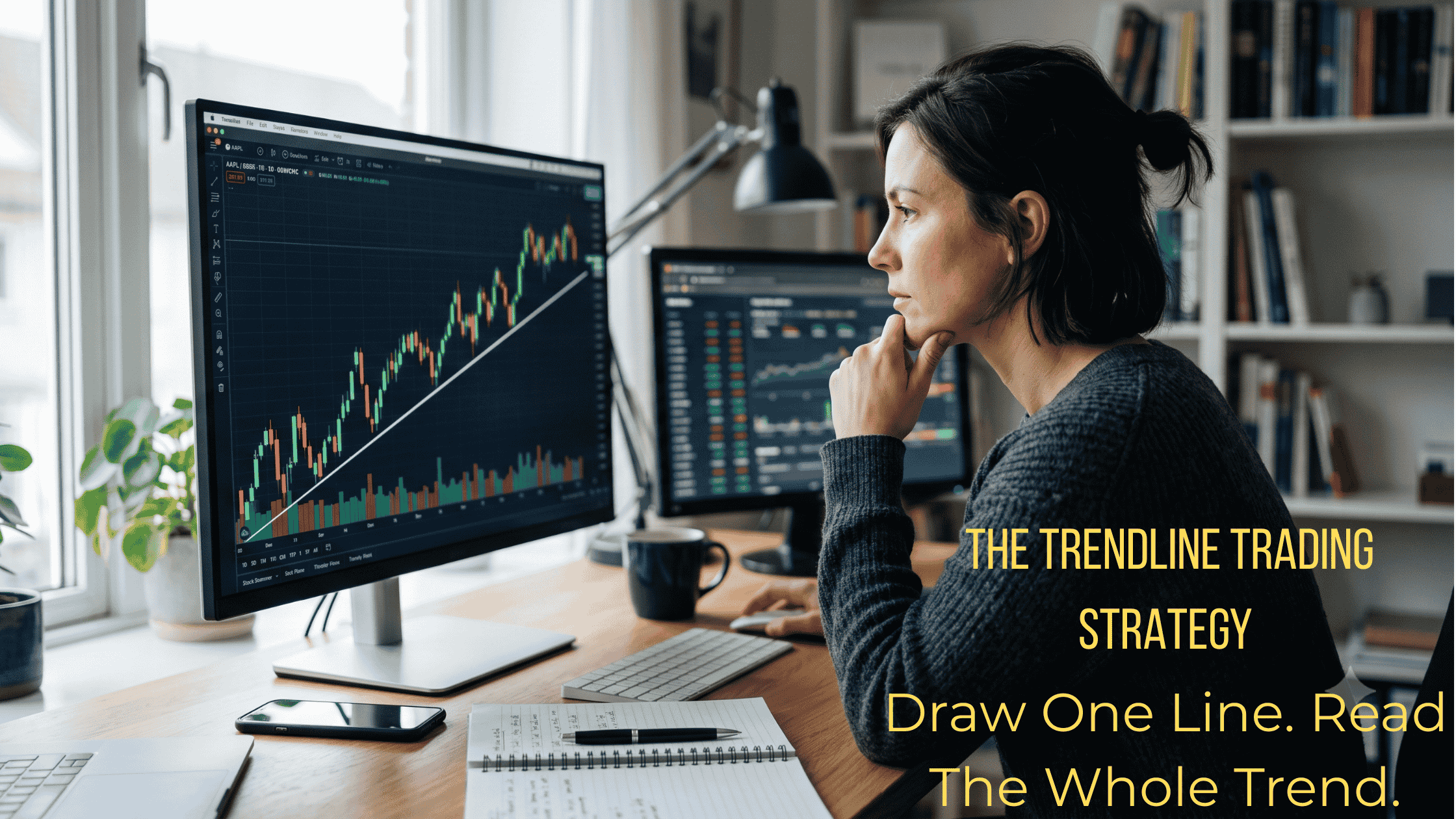 Trader analyzing a stock chart with an upward trendline drawn across rising price lows for trend line trading strategy
