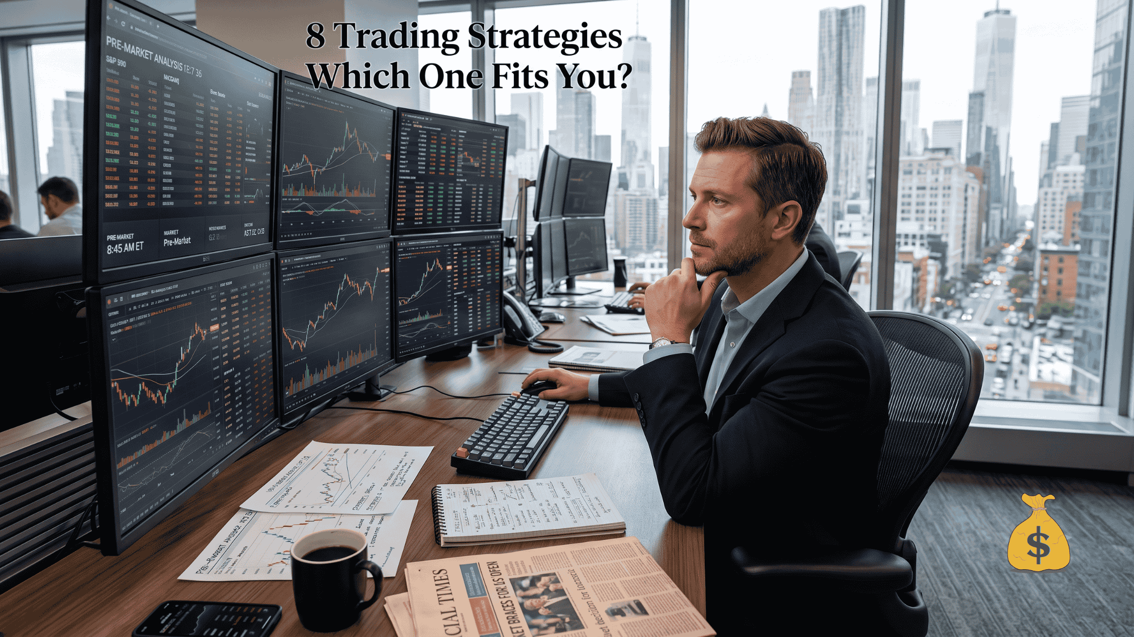 Professional trader comparing different trading strategies on multiple monitors