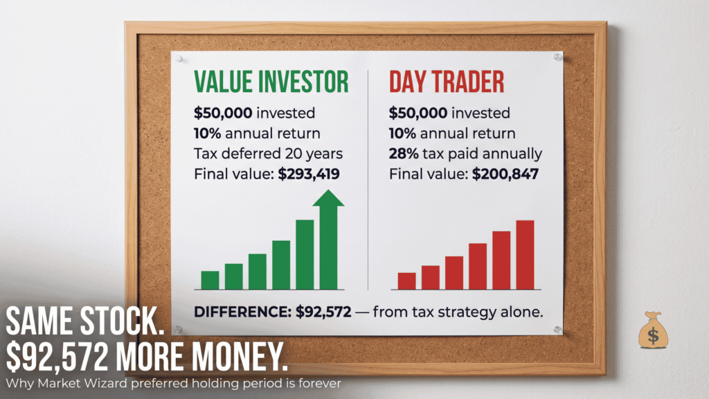 How to Read Financial Statements for Value Investing (Warren Buffett's Approach) Value investor vs day trader comparison chart showing $293,419 vs $200,847 final value $92,572 difference from tax efficiency in long-term value investing