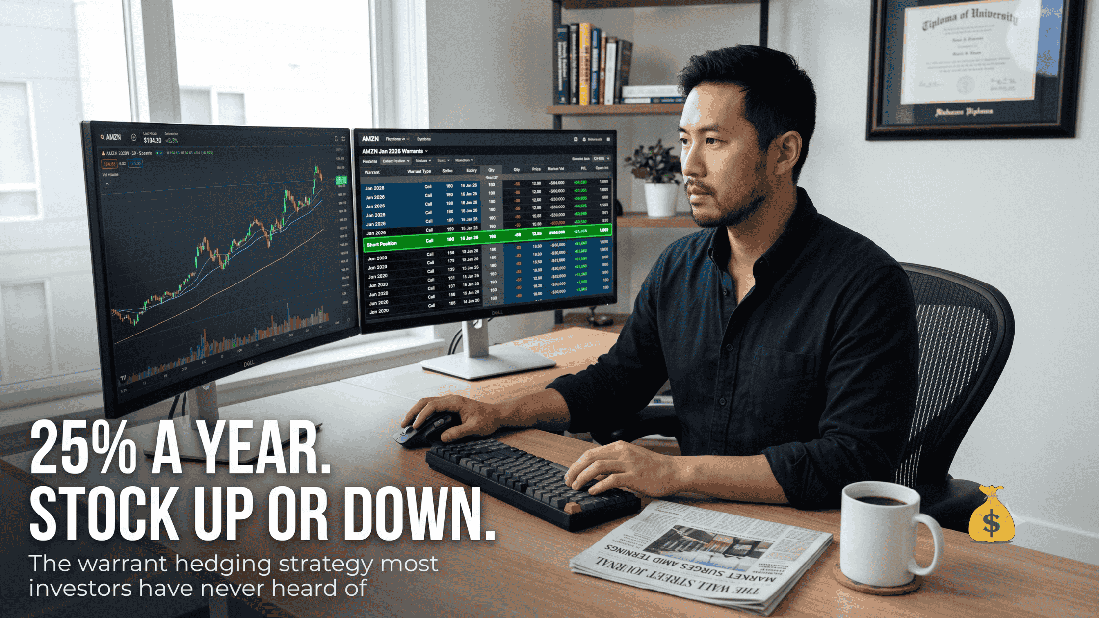 twarrant hedging strategy — investor at dual monitor trading desk reviewing stock chart and warrant options chain