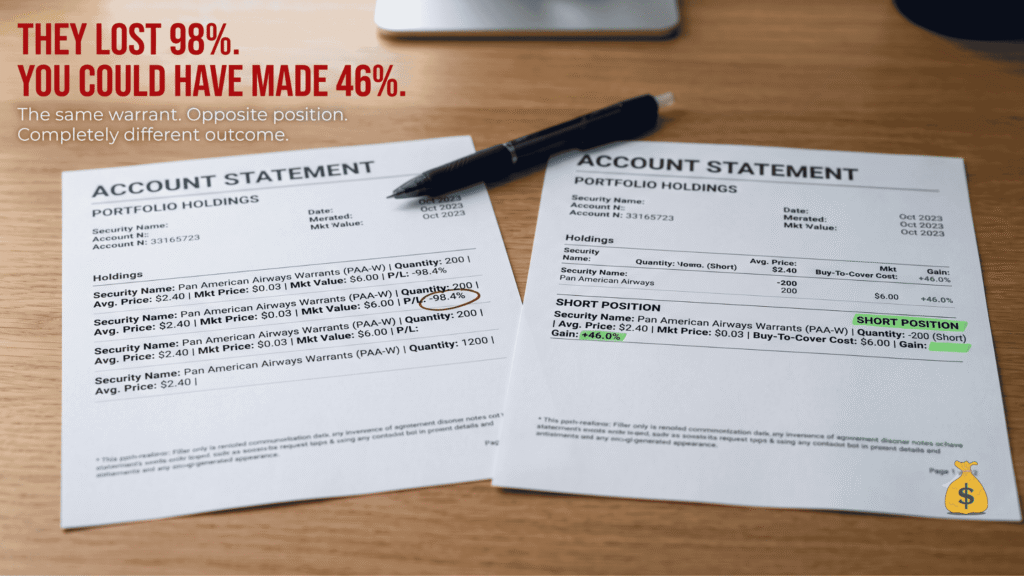 Warrant Hedging Strategy: How to Beat the Market With Low Risk Investment statements showing -98.4% loss from buying Pan American warrants vs +46% gain from short selling — warrant hedging strategy comparison