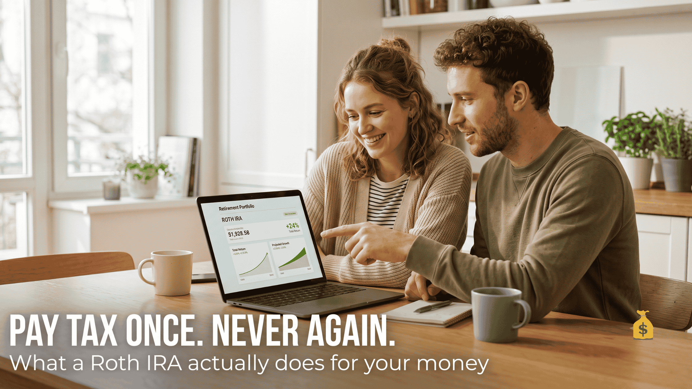what is a Roth IRA for beginners couple reviewing retirement account on laptop at home