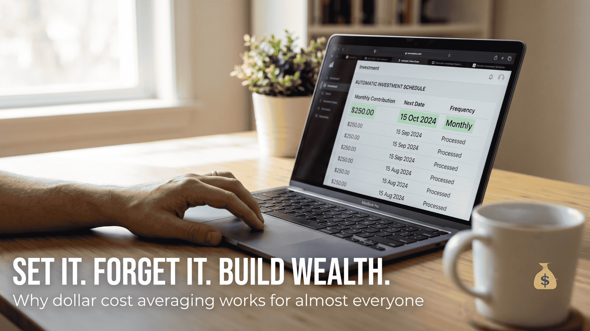 what is dollar cost averaging — setting up an automatic monthly investment contribution on a laptop