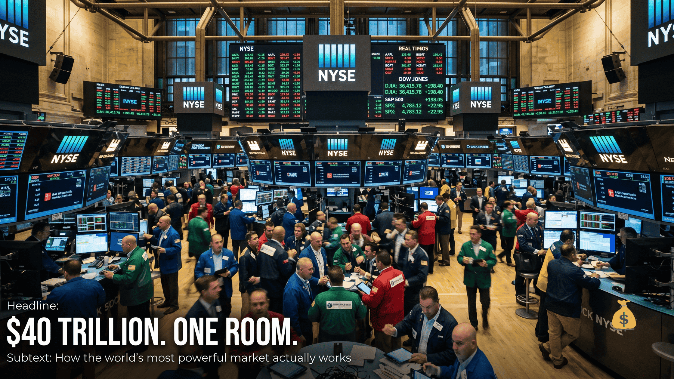 what is the stock market and how does it work — New York Stock Exchange trading floor with traders and live stock price screens